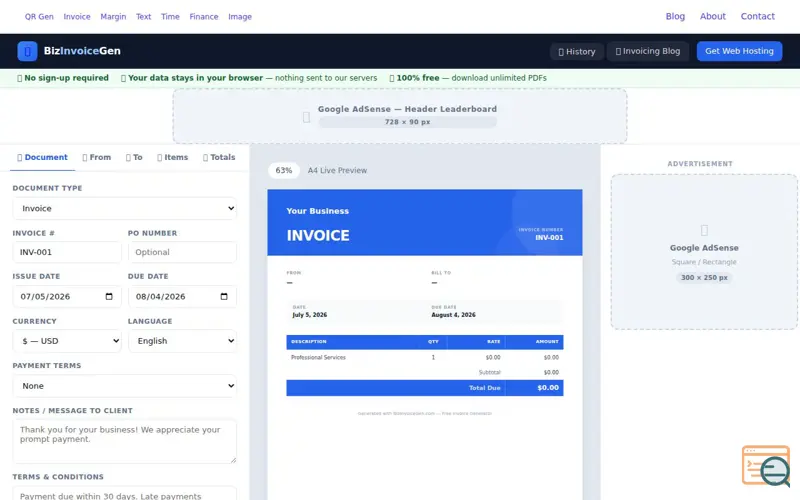 Screenshot of BizInvoiceGen - Invoice generator