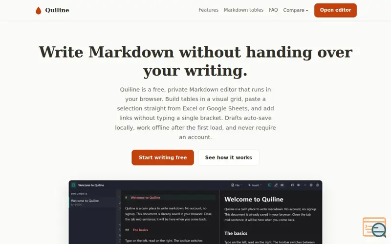 Screenshot of Free Markdown Editor Online: Private, Offline, No Signup | Quiline