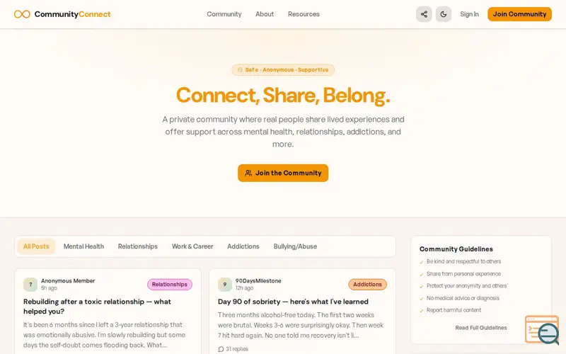 Screenshot of CommunityConnect.Forum , a launch using DFINITY Internet Computer
