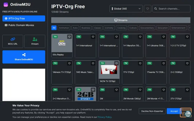 Screenshot of OnlineM3U, a launch using dash.js