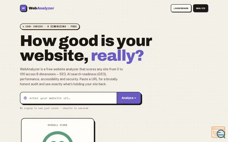 Screenshot of Free Website Analyzer — Score Any Site 0–100 | WebAnalyzer