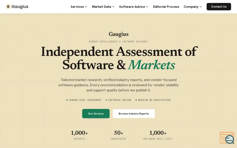 Screenshot of Gaugius — Vendor Intelligence & Software Advisory, a launch using Blockthrough