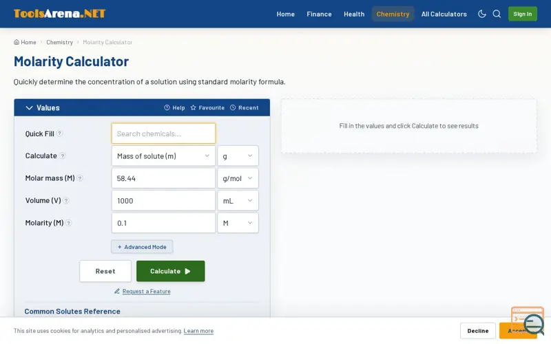 Screenshot of Molarity Calculator | ToolsArena.NET