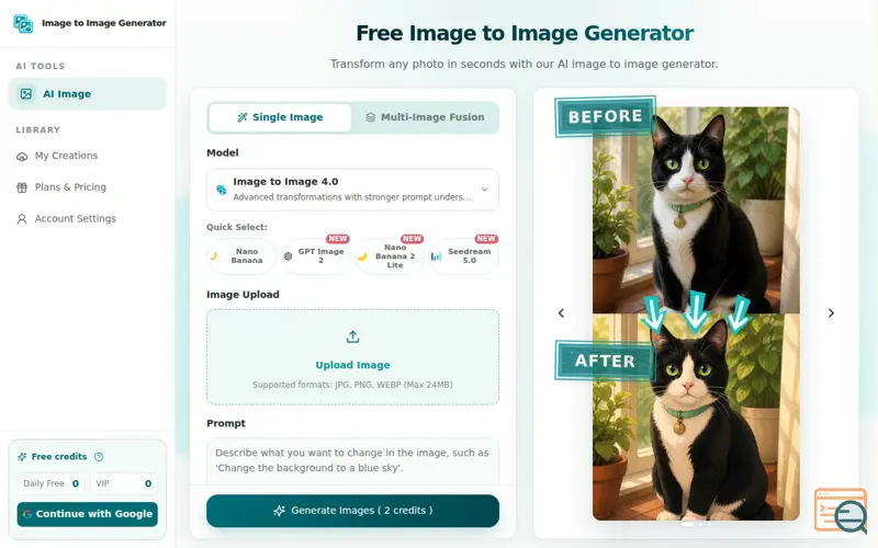 Screenshot of Free Image to Image Generator online - No Sign-Up