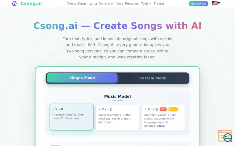 Screenshot of Csong.ai — Create Songs with AI