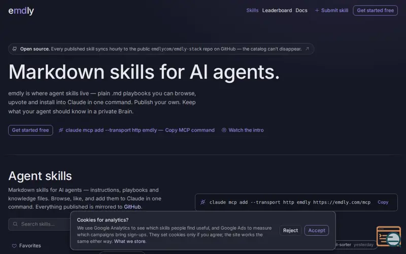 Screenshot of emdly — Markdown skills for AI agents, a launch using Webglobe Email