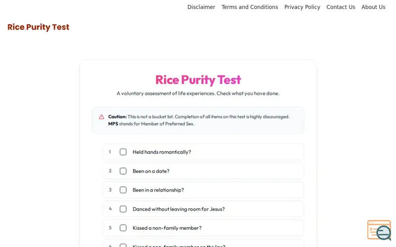 Screenshot of Just Rice Purity Test