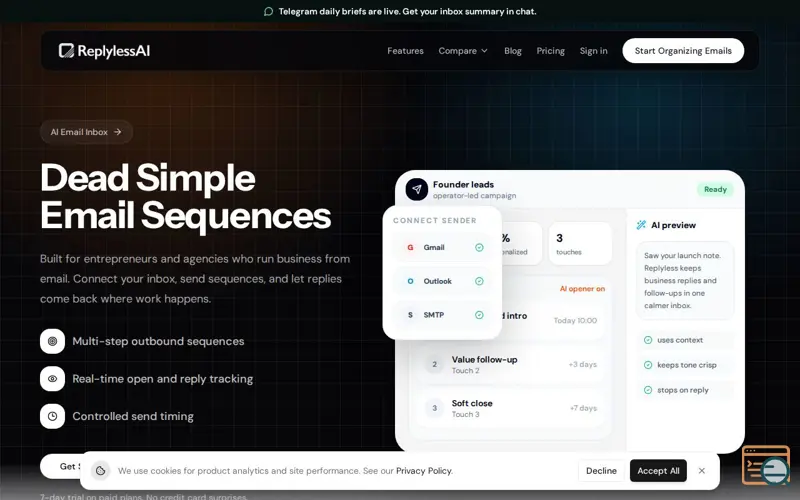 Screenshot of ReplylessAI Sequences, a launch using CDNFonts