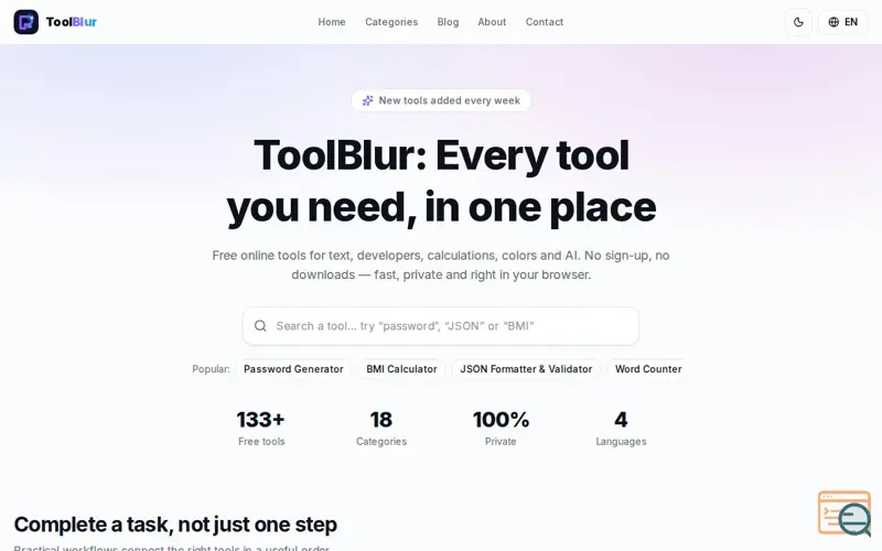 Screenshot of ToolBlur — Free Online Tools, AI Tools & Calculators, a launch using ToolDisk