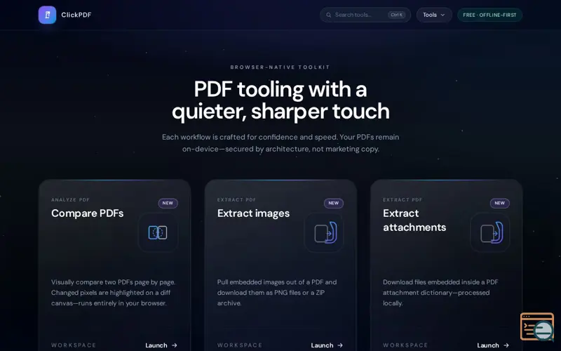 Screenshot of Free PDF Tools Online — Merge, Split, Compress & More | ClickPDF