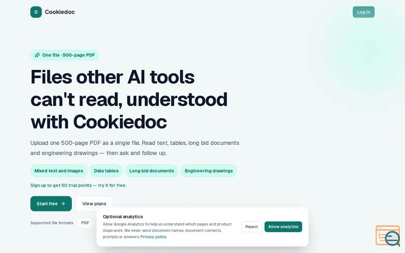 Screenshot of Cookiedoc · Complex documents, decoded fast