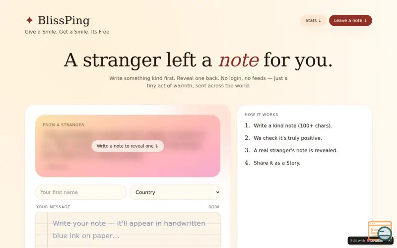 Screenshot of BlissPing - Give a Smile. Get a Smile.