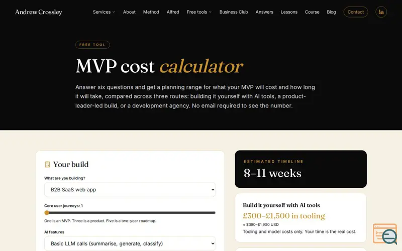 Screenshot of MVP Cost Calculator