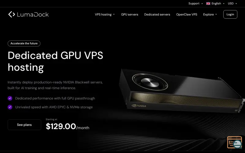 Screenshot of LumaDock - Blackwell GPU VPS, a launch using Lagom