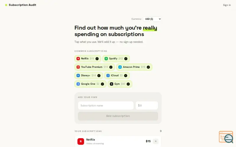 Screenshot of Subscription Audit