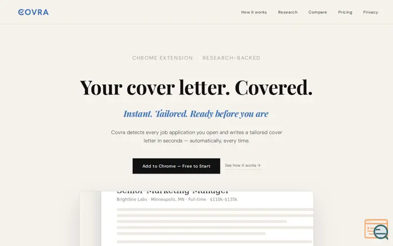 Screenshot of Covra - Instant Cover Letters