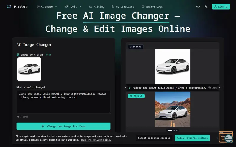 Screenshot of AI Image Changer - Free AI Image Editor & Picture Editor | PicVerb, a launch using ShipGrowth