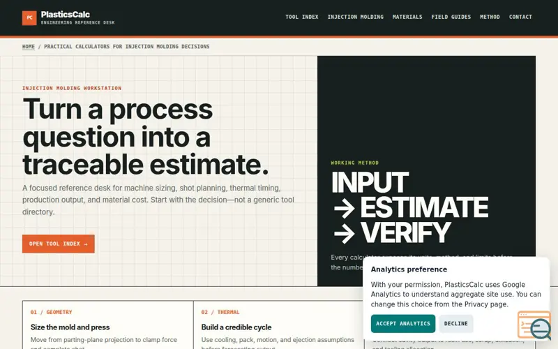 Screenshot of PlasticsCalc | Injection Molding Calculators & References, a launch using KittyLaunch