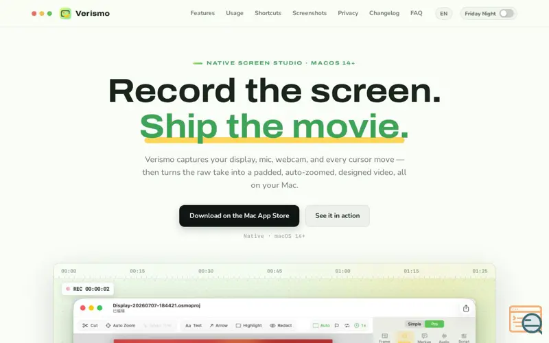 Screenshot of Verismo — native screen studio for macOS