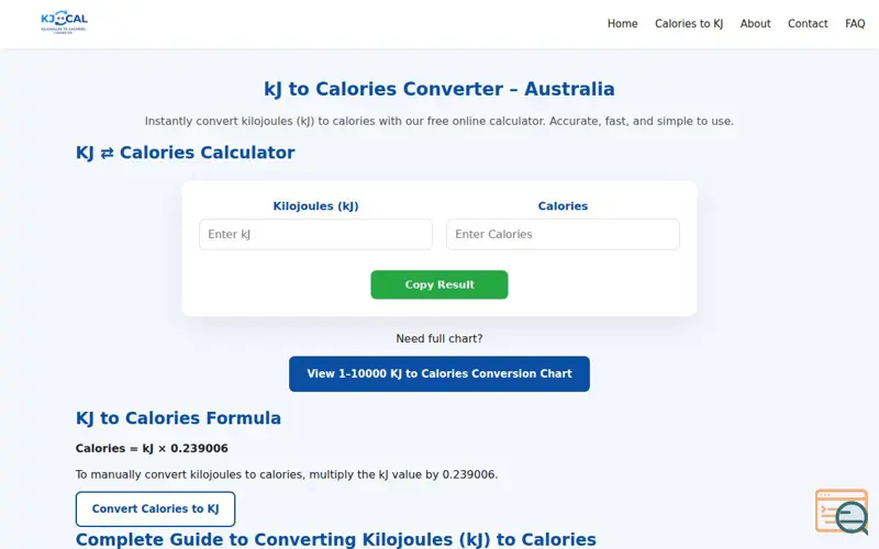 Screenshot of kJ to Calories Converter