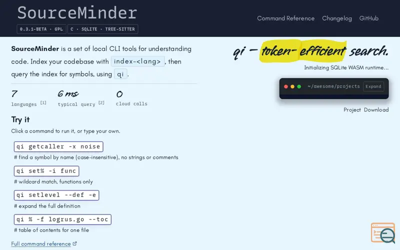 Screenshot of Sourceminder.org, a launch using Xterm.js