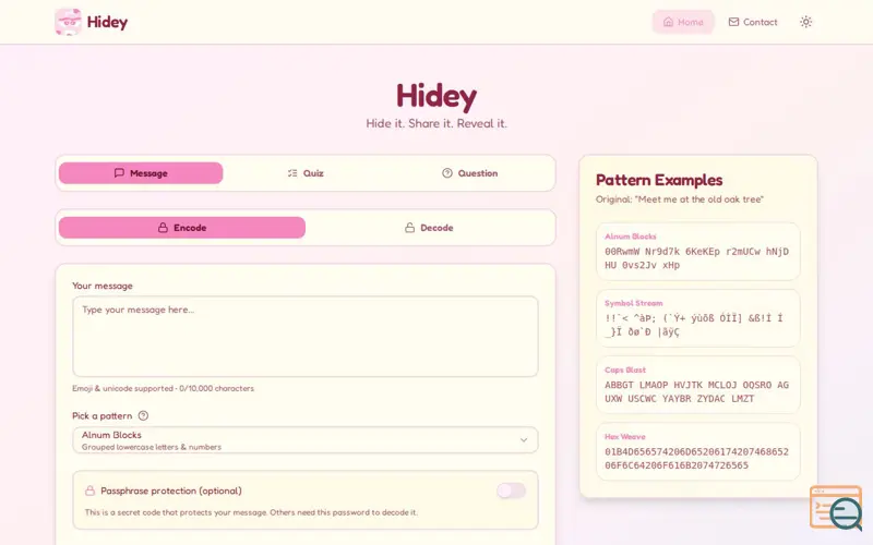 Screenshot of Hidey — Free Secret Message Generator