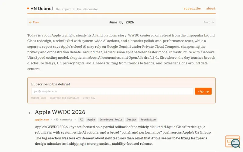Screenshot of HN Debrief