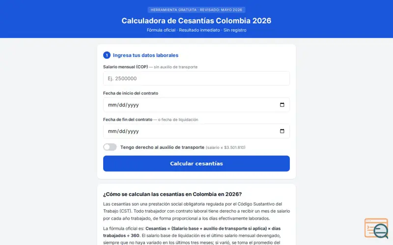 Screenshot of calculacesantias.com