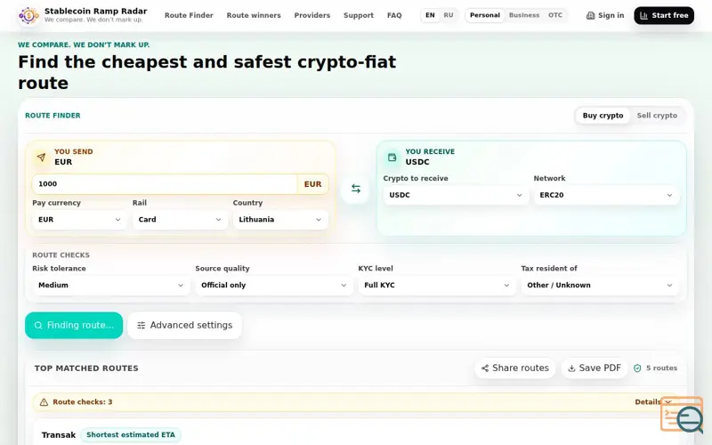 Screenshot of Stablecoin Ramp Radar