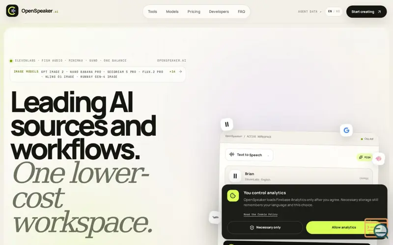 Screenshot of OpenSpeaker — Leading AI tools at market-low prices, a launch using Facebook Messenger