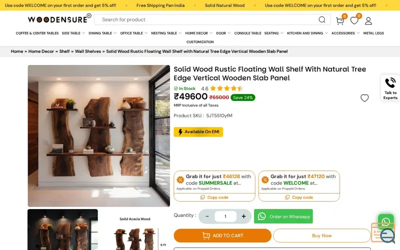 Screenshot of Wall Shelf with Live Edge Vertical Slab, a launch using CloudFilter