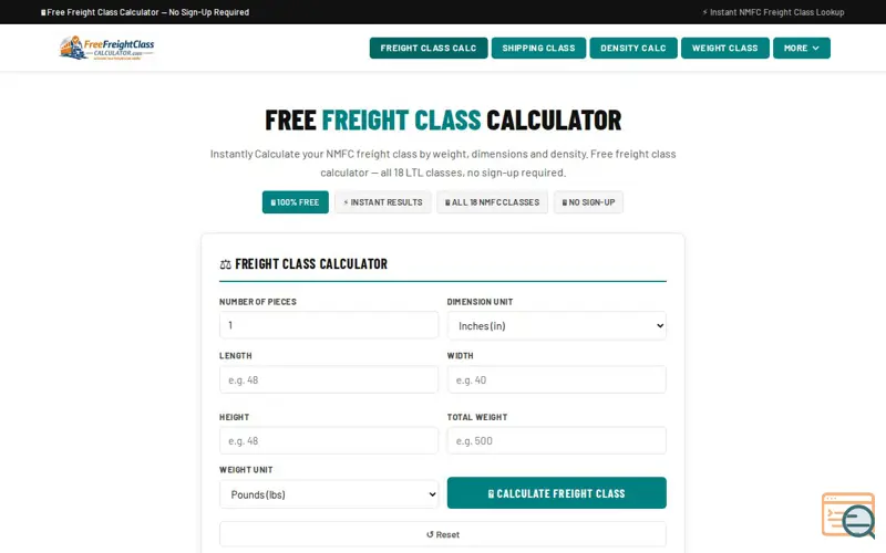 Screenshot of Freight Class Calculator