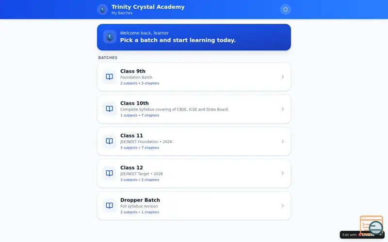 Screenshot of Trinity Crystal Academy — Learn Smarter