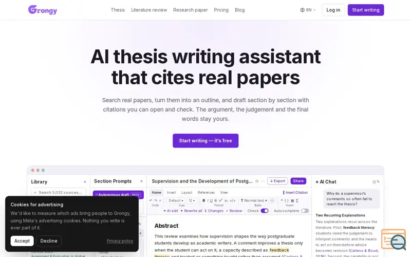 Screenshot of Grongy — AI Research Assistant for Academic Writing