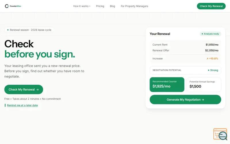 Screenshot of CounterWise — Don't accept your renewal price. Check it first.