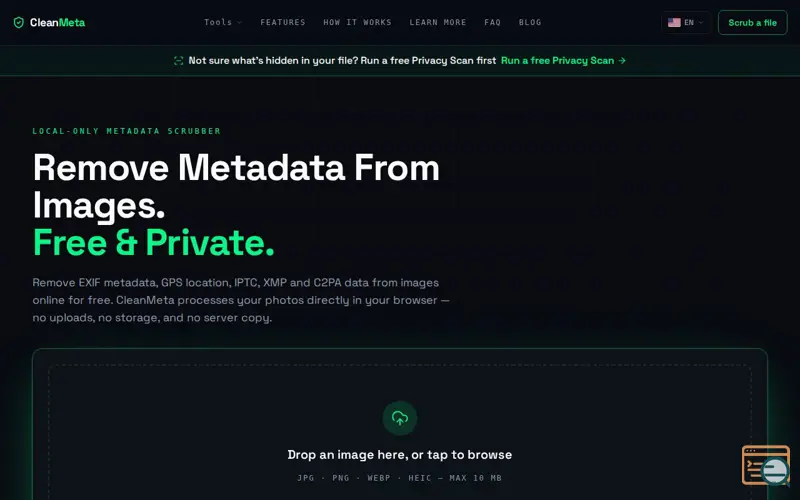 Screenshot of CleanMeta — Strip EXIF, XMP & C2PA Metadata From Images
