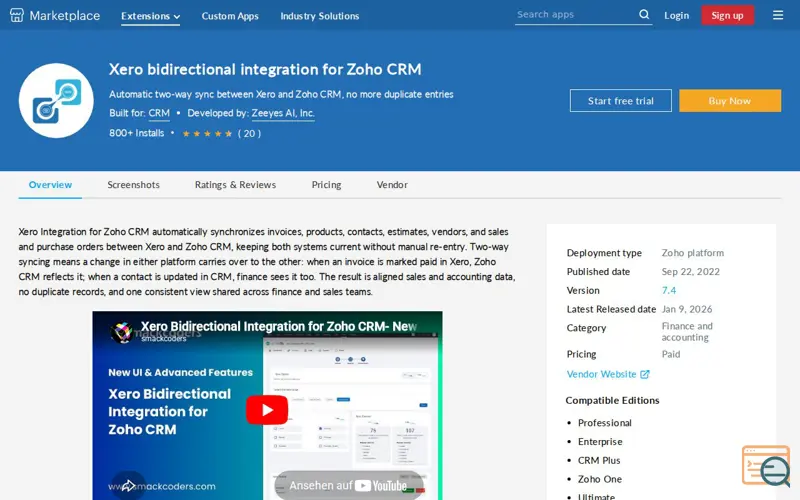 Screenshot of Xero Bi-Directional for Zoho CRM