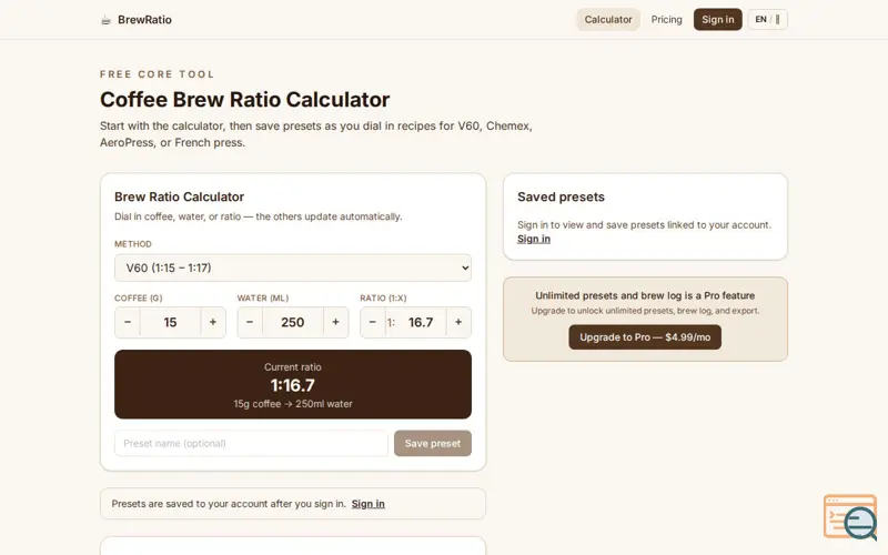 Screenshot of BrewRatio