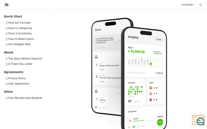 Screenshot of HeyCost, a launch using VuePress