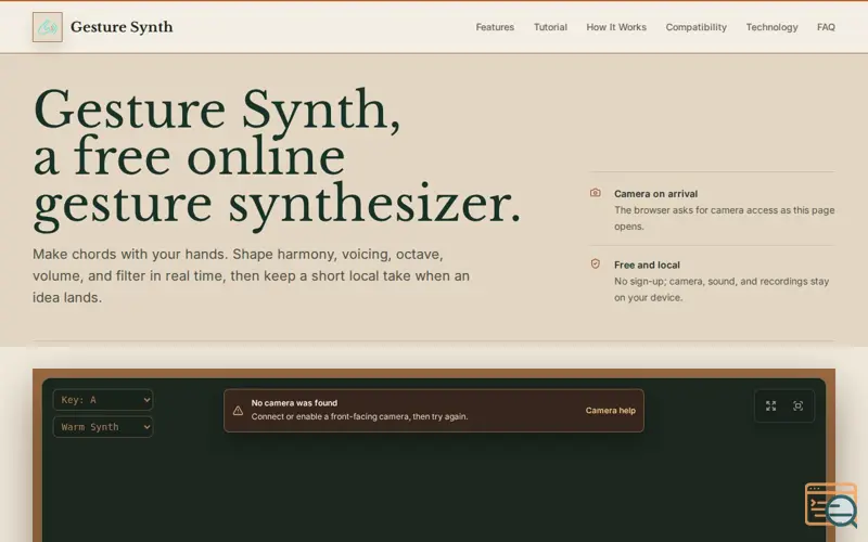 Screenshot of Gesture Synth, a launch using Zod
