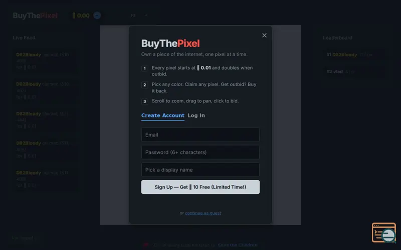 Screenshot of Buy The Pixel
