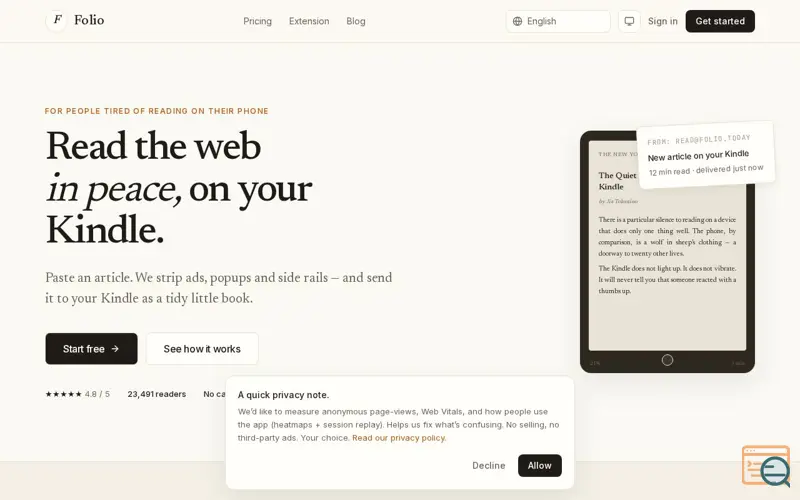 Screenshot of Folio — Read the web on your Kindle