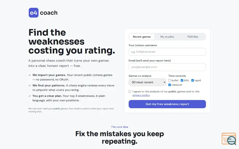Screenshot of e4coach — your personal chess coach