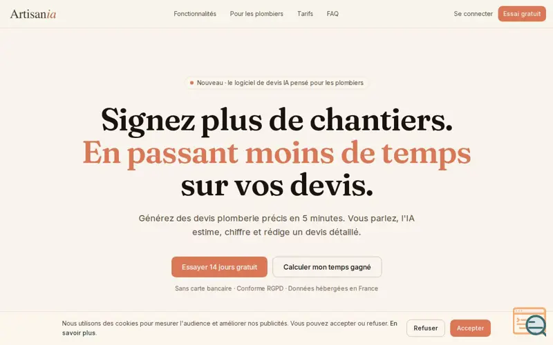 Screenshot of Logiciel de devis IA · Artisania