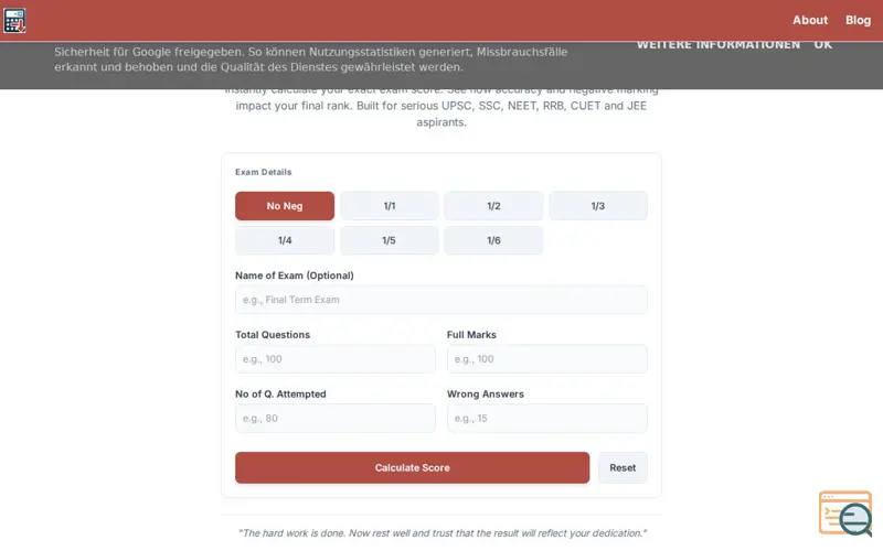 Screenshot of Negative Marking Calculator, a launch using Google Publisher Tag