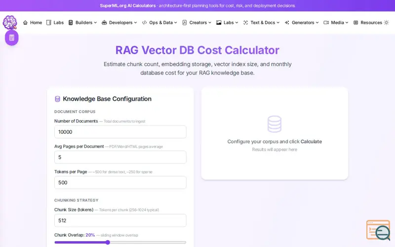 Screenshot of RAG Vector DB Cost Calculator