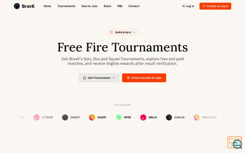 Screenshot of BravK - Free Fire Tournaments | BravK, a launch using Alwingulla Ad Tag