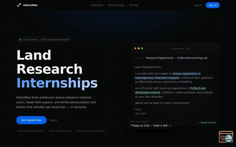 Screenshot of InternMax — Research Internship Outreach