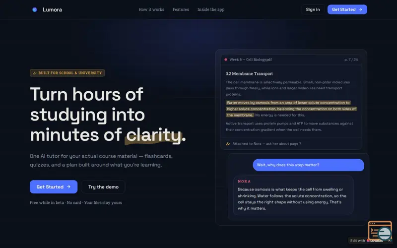 Screenshot of Lumora — Study workspace for students