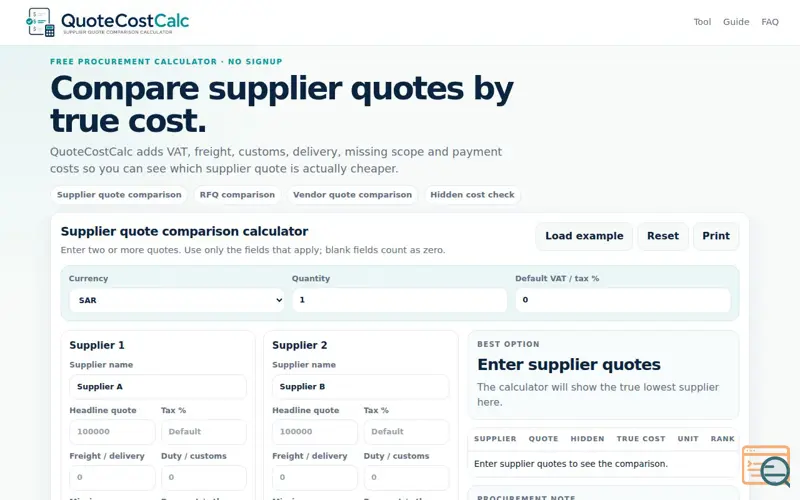 Screenshot of QuoteCostCalc
